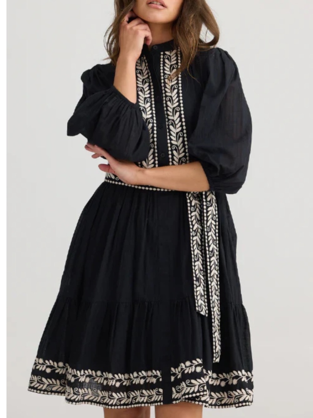 New! Talisman Cala Dress Black w/ Off White Embroidery Boho  **NO SASH**